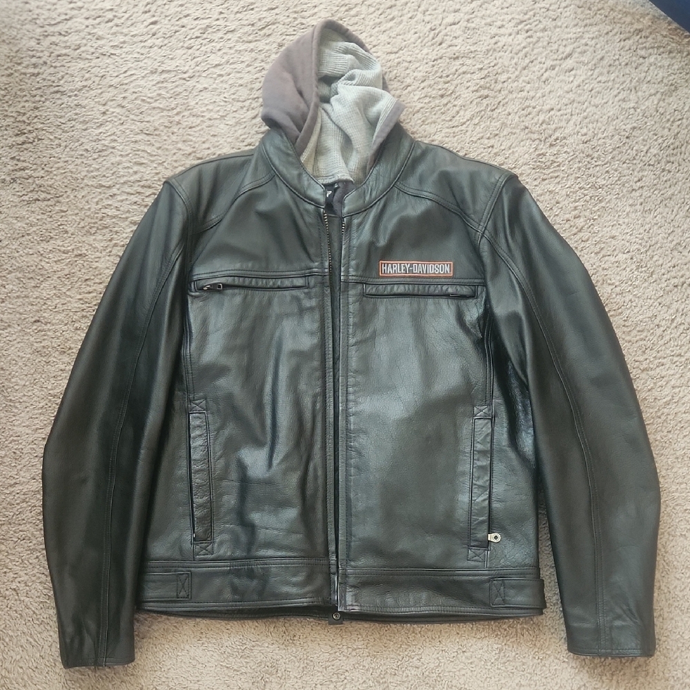 Harley-Davidson Black Leather Jacket with Gray Hood